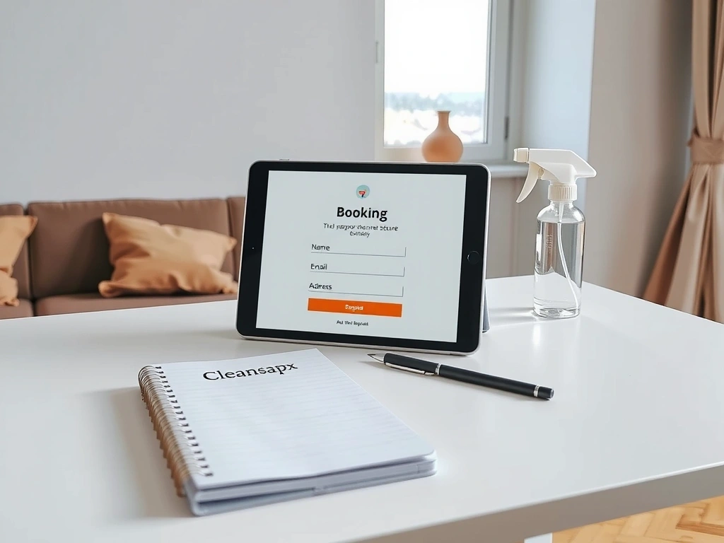 A minimalist desk setup showing a secure booking form on a tablet, representing data collection for booking a cleaning service.